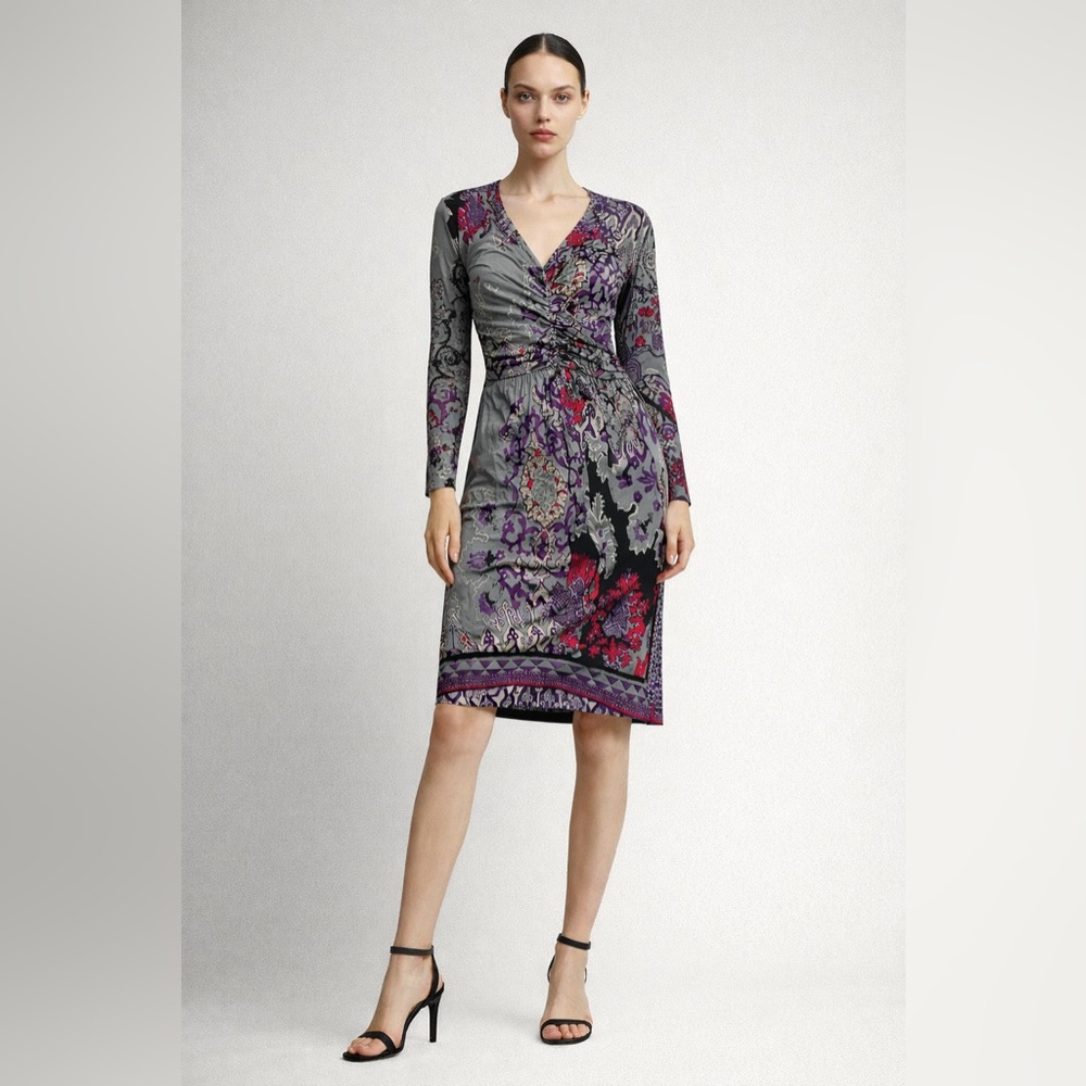 Etro gray purple iconic paisley print faux wrap long sleeve knee length dress M